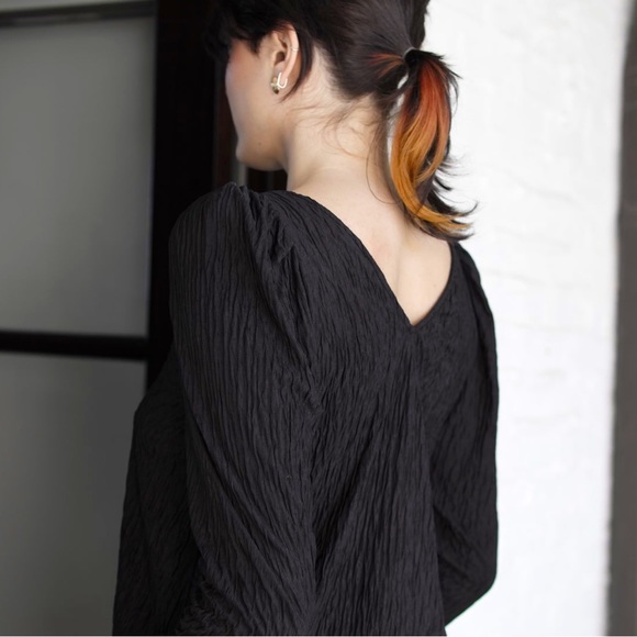 VTG 80s New Leaf by Samir Black Dress Sheer Floral Yoke, Puff Shoulders. Ruched. - Picture 6 of 9